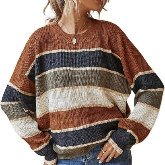Brown Striped Slouchy Rib-Knit Grandpa Sweater - Picture 1 of 11